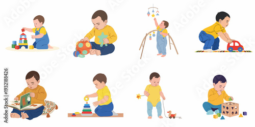 Cute Babies Playing with Educational Toys: A Collection of Illustrations Showcasing Early Childhood Development and Fun Activities with Blocks, Mobiles, and Books.