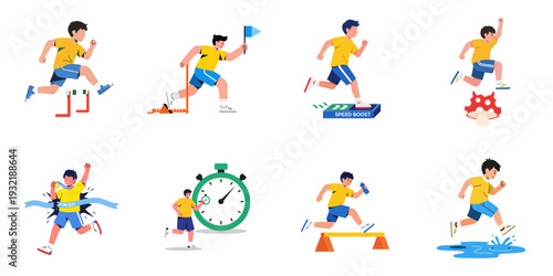 Dynamic illustrations of a young athlete running, jumping hurdles, starting, boosting speed, and winning a race with a medal.