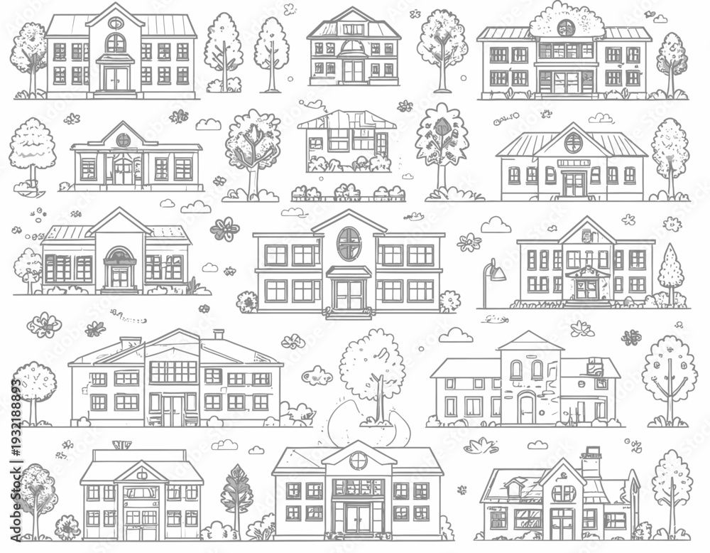 Obraz premium Collection of Diverse Building Illustrations Featuring Various Architectural Styles and Landscaping Elements