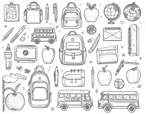 A comprehensive doodle set of hand-drawn school supplies and education icons, including backpacks, buses, and apples, perfect for back to school concepts