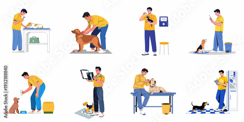 Veterinarian providing comprehensive care to various dog breeds, performing health checks, vaccinations, and medical treatments in a professional clinic setting.