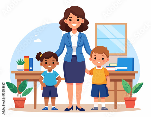 Caring female teacher standing with two happy elementary school children, a boy and a girl, in a vibrant classroom setting