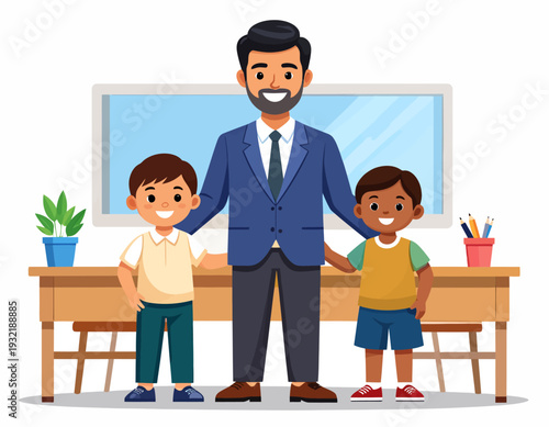 A smiling teacher stands between two young students in a classroom setting, representing education and childhood