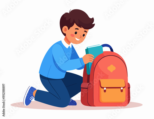 A young boy is packing his red backpack with books and school supplies for his educational journey
