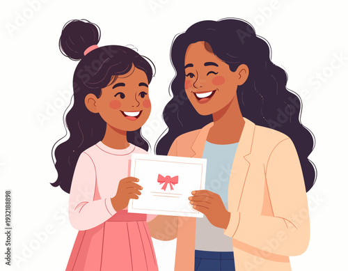 A proud mother celebrating her daughter's academic success and achievements, with the happy young girl receiving a certificate of recognition for her hard work and accomplishment