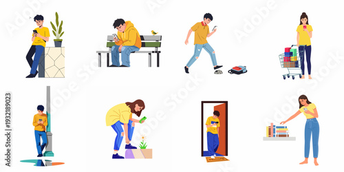 Illustrations of young people deeply engrossed in their smartphones across various everyday activities, highlighting digital distraction and technology dependence in modern life.