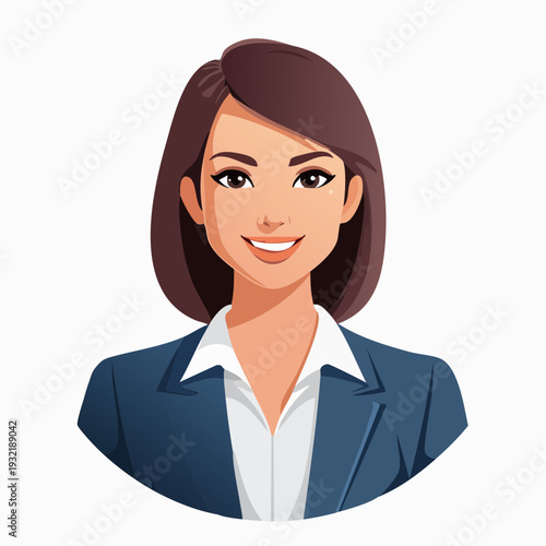 Professional woman in a dark blue suit, confident and ready for business