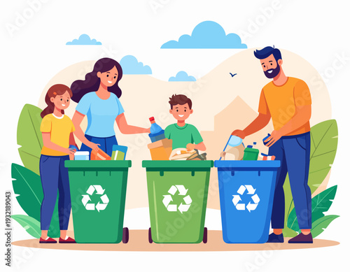 Family happily sorting and recycling different types of waste into designated bins in an outdoor setting with greenery and clear skies, promoting environmental awareness and sustainability
