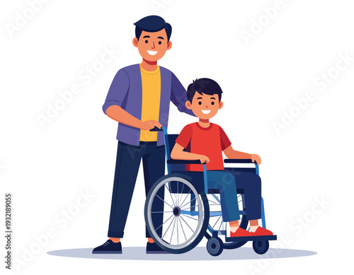 Caring father with his disabled son on a wheelchair enjoying a moment together, support and love