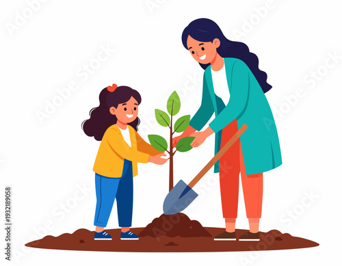 Vector illustration of a caring mother and her daughter planting a young tree sapling together, a beautiful concept of environmental conservation and family bonding