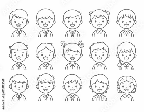 A diverse collection of smiling children's faces illustrated in a clean, black and white line art cartoon style for avatars