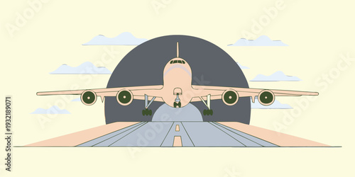 Flat design illustration of a commercial airplane on a runway under a cloudy sky background