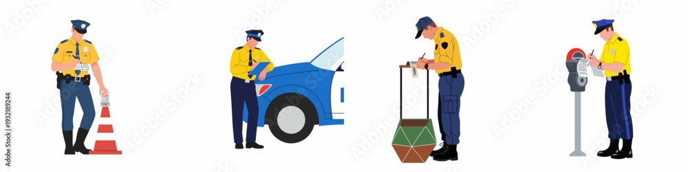Obraz premium Illustrations of Police and Traffic Wardens Issuing Tickets and Enforcing Regulations in Urban Settings