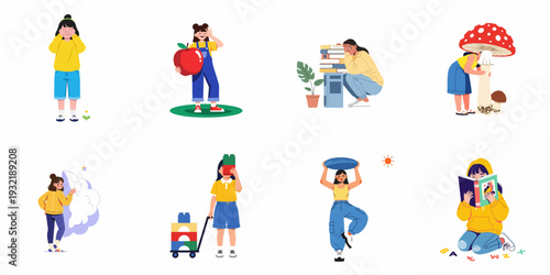 Vibrant flat illustrations capturing children's diverse activities: playing, learning, imagining with books, toys, nature. Childhood exploration, education, and creative moments.