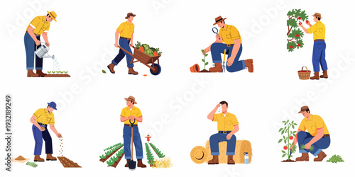 Farmer engaged in diverse agricultural tasks: watering, planting, harvesting, and field work.