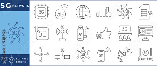 5G network related line icons set. Vector editable stroke.