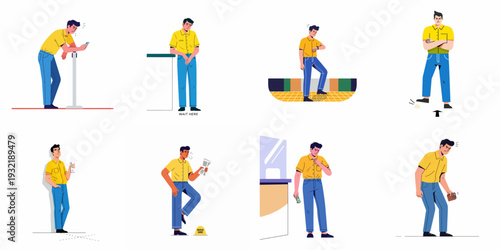 Man experiencing frustration, impatience, and financial stress in various waiting and transaction situations, depicted in a modern flat vector style.