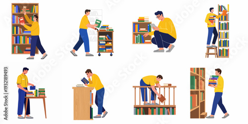 Illustrations of diverse people reading, organizing, and interacting with books in a library or bookstore setting, showcasing various academic and leisure activities.