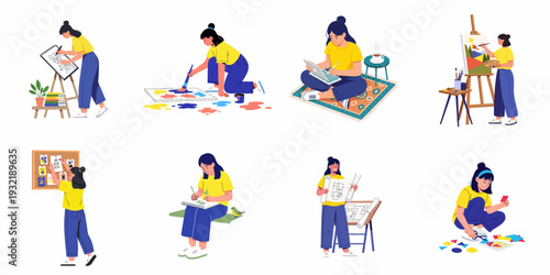 Illustrations of a creative woman engaged in diverse artistic activities, including drawing, painting, digital art, crafting, and design work, showcasing hobbies and professional pursuits.