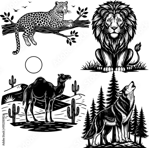 Wildlife Animals Black and White Vector Illustration Set Lion Leopard Camel Wolf
