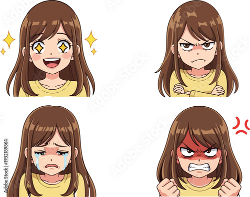 Set of 4 Young Woman Face Expressions Vector