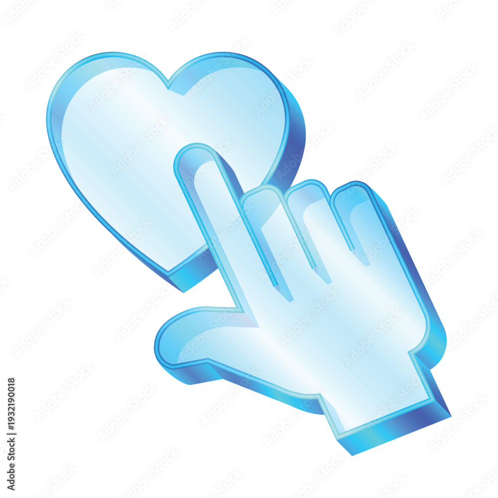 Obraz premium 3d icon symbolizing A hand pointing to a heart. Connection and online services concept. Vector transparent glass or crystal icon.