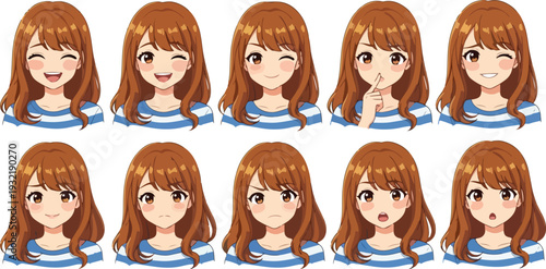 Set of 10 young woman facial expressions vector