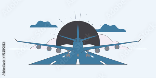 Modern flat design illustration of a commercial jet airplane taking off from a sunny airport runway