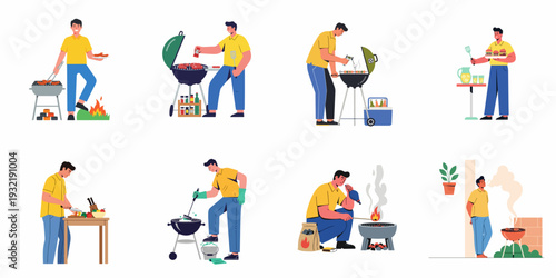 Illustrations of a man enjoying various barbecue activities, including grilling, food preparation, serving, and cleaning, for outdoor summer parties.