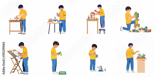 Child exploring diverse creative pastimes: building, crafting, drawing, and assembling models, showcasing childhood development through hands-on learning.
