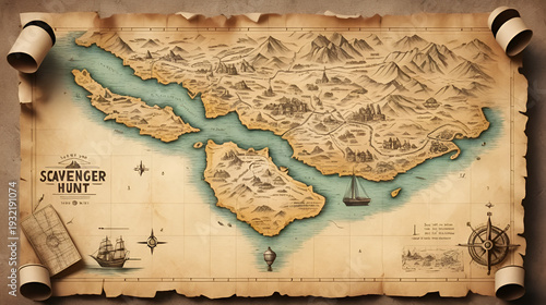 Scavenger hunt map animated with path route navigation on vintage old textured paper background. Treasure hunt map. 4k video