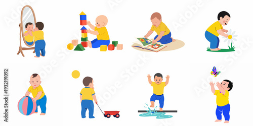 Cute babies and toddlers engaged in various developmental activities: playing with toys, exploring nature, reading, and self-discovery, on a white background.