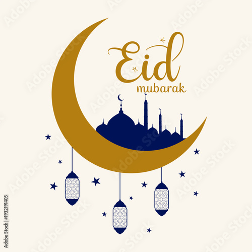 Eid mubarak greeting with golden mosque and crescent moon