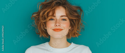 Happy Young Woman With Messy Curly Hair Smiling On Teal Background Studio Headshot