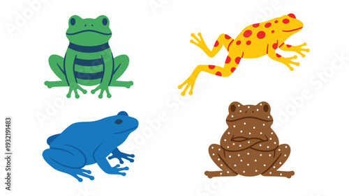 Colorful Cartoon Frog Illustrations Set: Green, Yellow, Blue, and Brown Amphibians in Various Poses