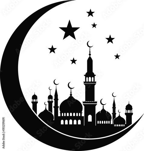 Black silhouette of a mosque skyline with minarets and domes nestled within a large crescent moon and stars isolated on a white background.