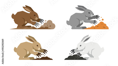 Set of cartoon rabbits digging in soil. Four different colored bunnies with simple flat design style.