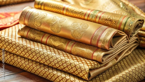 Vibrant silk sarees in intricate patterns and colors beautifully folded and draped on a wooden dowry
