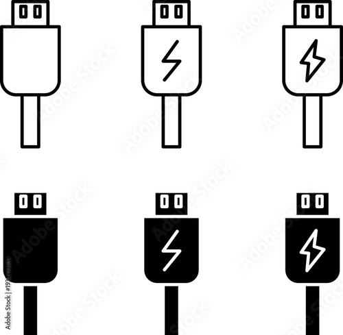 USB Charging Cable and Power Plug Icon Set