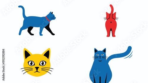 Playful Collection of Stylized Colorful Cat Illustrations and Character Designs in Various Poses