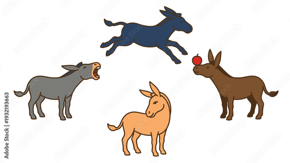 Obraz premium Cartoon Donkeys Collection: Jumping, Braying, Standing, and Balancing Apple