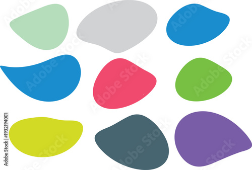 Set of colorful abstract organic shapes, liquid blobs, and irregular rounded elements isolated on white background.