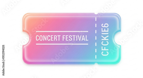 Holographic concert festival ticket with gradient colors and white text on a plain background