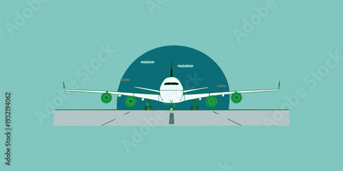Minimalist flat style illustration of a passenger airplane on a runway with teal background and sun