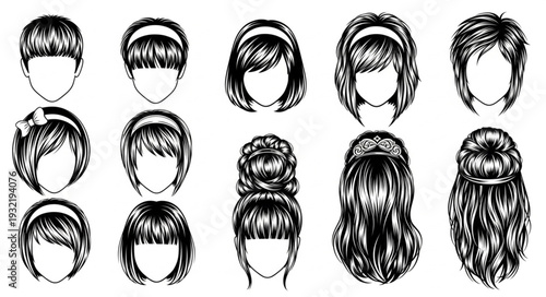 Collection of diverse hairstyles for women in sketch style.