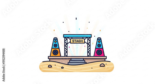 Outdoor music festival stage with speakers and lights on sandy beach at sunset