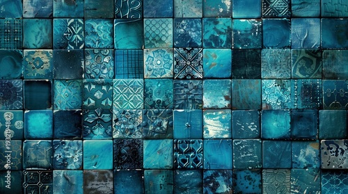 Abstract background of textured, varied teal and turquoise square tiles creating a dynamic, deep blue mosaic pattern.