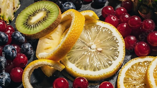 Assorted fresh tropical fruits and berries on dark slate board