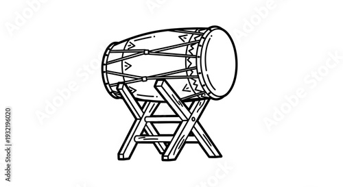 A drum on a stand is depicted in a simple line drawing, illustrating a musical instrument in a minimalist style with clear lines and basic shapes.