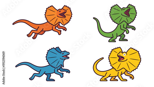 Vibrant Cartoon Frilled Lizards Set with Extended Frills, Vector Art